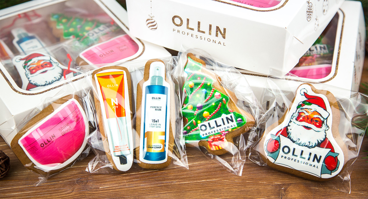 Корпоративные подарочные наборы от компании OLLIN - печенье с логотипом в брендированной коробочке